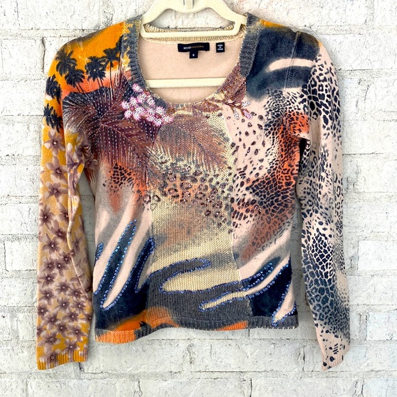 Vintage BCBGMaxAzria Y2K Beaded Mixed Media animal print sweater. Small - Picture 1 of 11